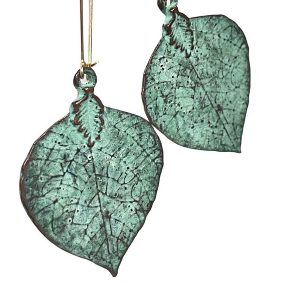 HANDCRAFTED Large Verdigris Metal Leaf Earrings - Picture 5 of 12